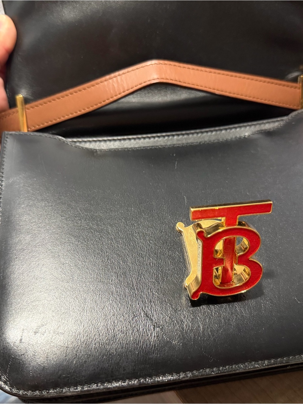 Burberry Brown Leather Shoulder Bag with Black Trim and Red TB Monogram - Picture 6 of 13